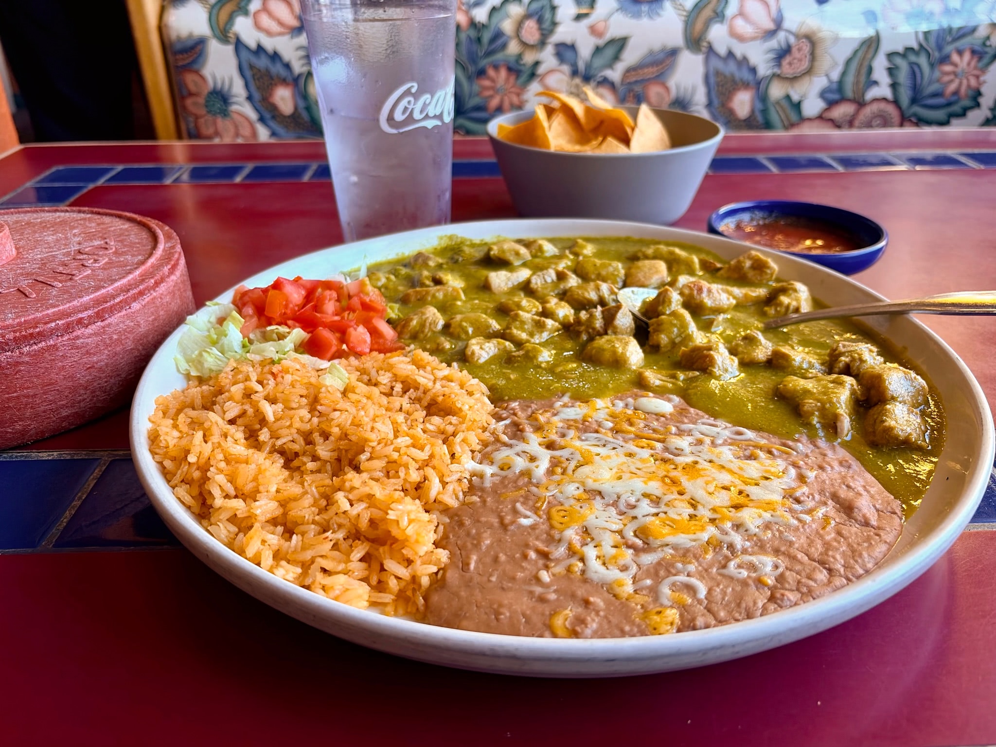 Chile Verde with rice and beans