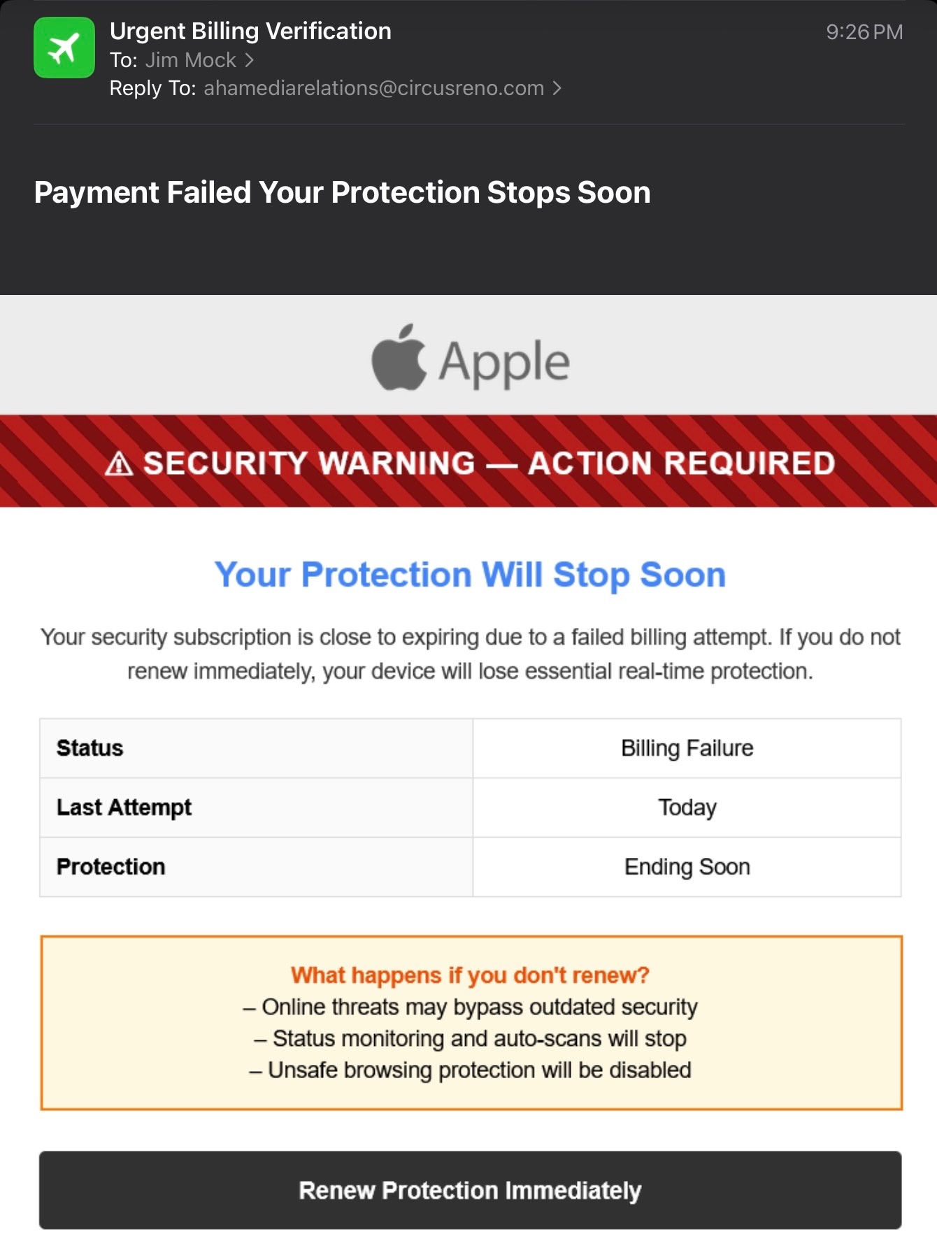 Screenshot of a scam email