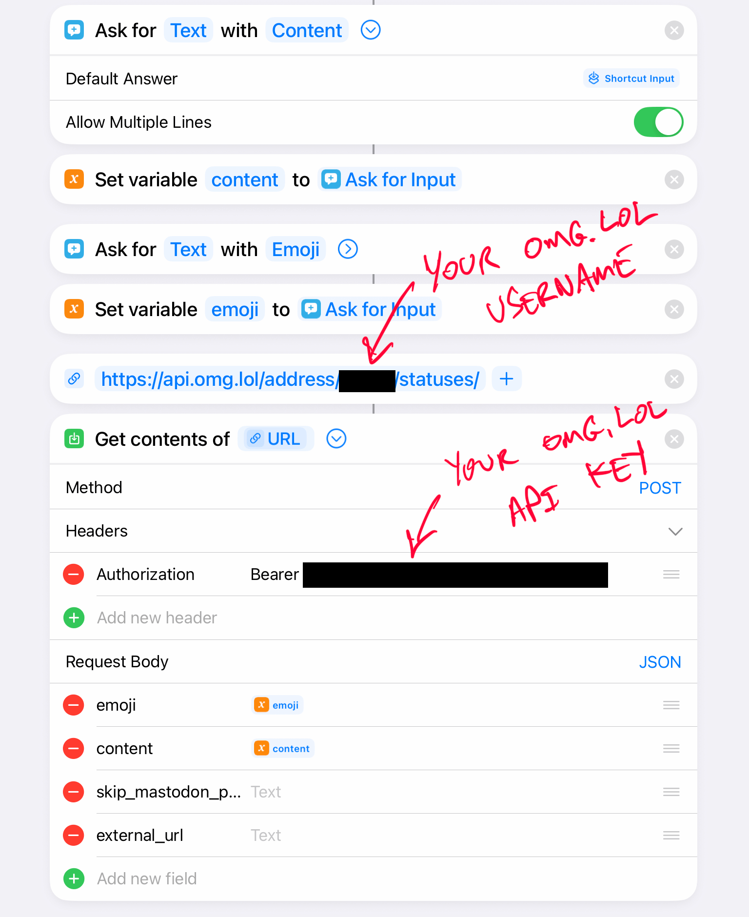 A screenshot of a Shortcut that posts to status.lol